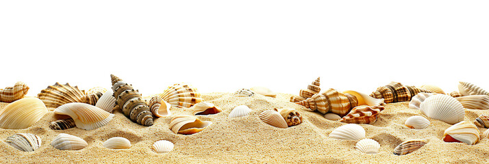 Isolated beautiful sea shells on beach sand, space for text. Summer vacation border background. Isolated cutout on transparent or white background.