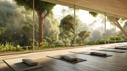 Tranquil yoga studio with green trees and brown wooden floor, perfect for relaxation and mindfulness. 
