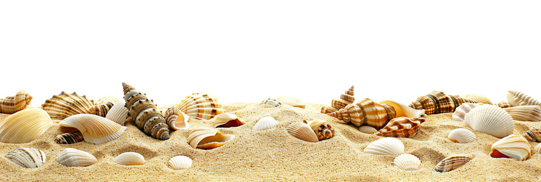 Isolated beautiful sea shells on beach sand, space for text. Summer vacation border background. Isolated cutout on transparent or white background.
