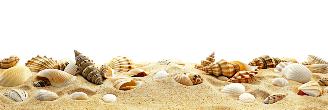 Isolated beautiful sea shells on beach sand, space for text. Summer vacation border background. Isolated cutout on transparent or white background.