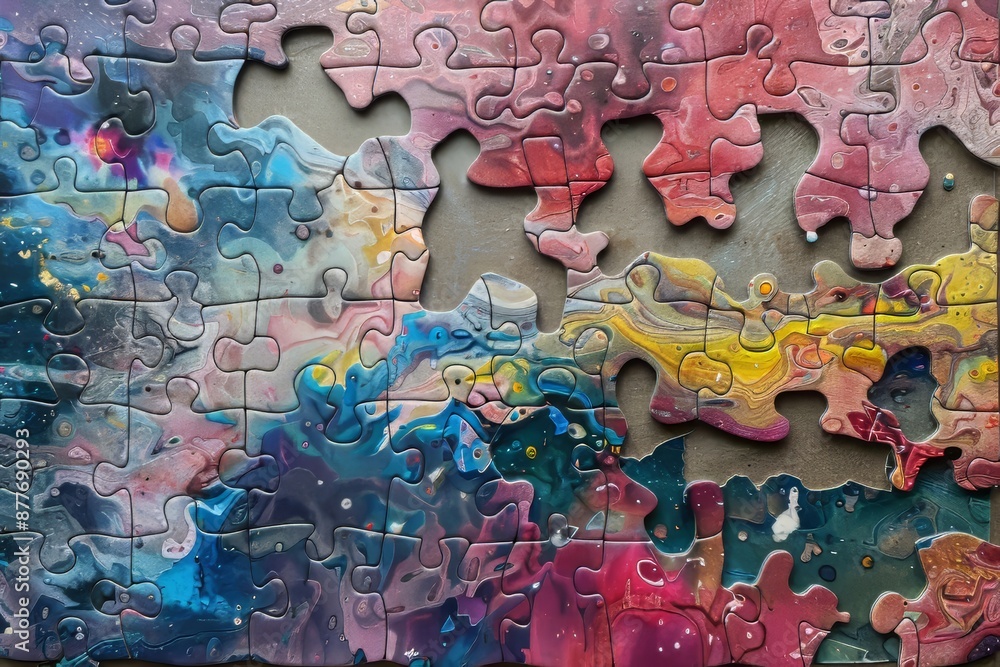 Poster enhanced jigsaw puzzle with missing piece, improved by ai technology for an interactive experience