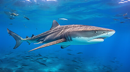 Fototapeta premium A tiger shark, grey and white, swims through a school of fish in the blue ocean, capturing the beauty and danger of the underwater world. 