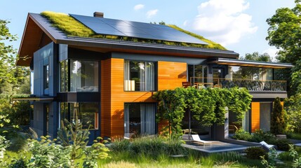 Contemporary suburban home with an eco-friendly design, including a living roof, solar panels, and a system for greywater recycling