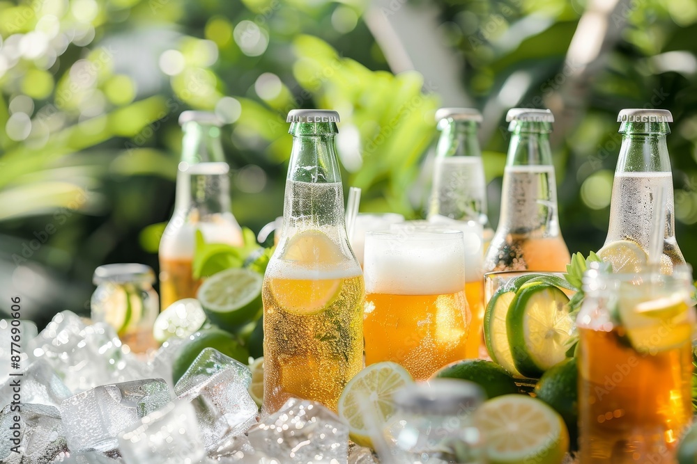 Poster home party beverage display with chilled beer bottles and refreshing drinks for text placement