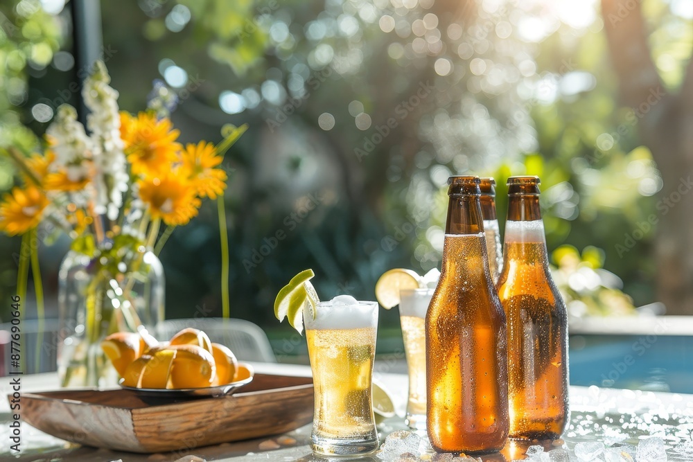 Aufkleber refreshing drinks and chilled beer bottles display for home party with space for text
