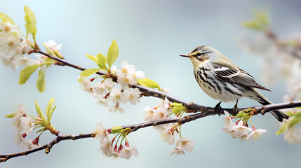A delicate white bird perched on a branch with white blossoms, a symbol of spring renewal and new beginnings. 
