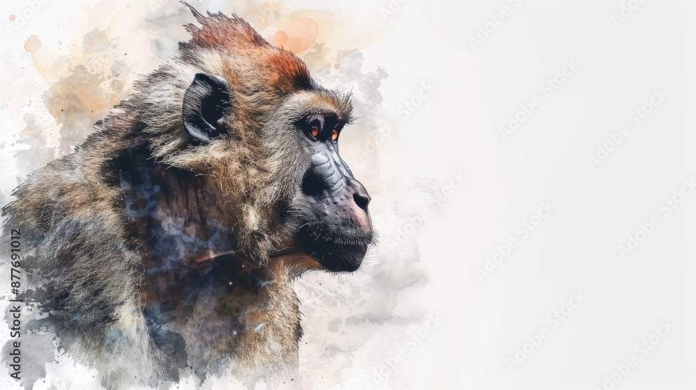 Poster watercolor portrait of a monkey's face with expressive features