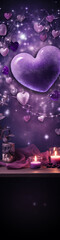 Fototapeta premium Purple glitter hearts, candles, and a romantic, dreamy atmosphere perfect for Valentine's Day. 