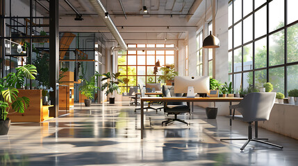 Modern office design with green plants and natural light, a perfect workspace for creative and productive teams. 
