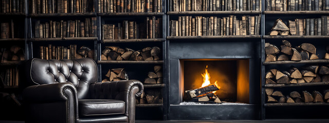 A cozy brown leather armchair sits beside a roaring fireplace in a rustic library, perfect for a relaxing evening. 
