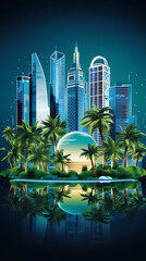 Blue skyscrapers and green palm trees on a tropical island, a futuristic city oasis. 
