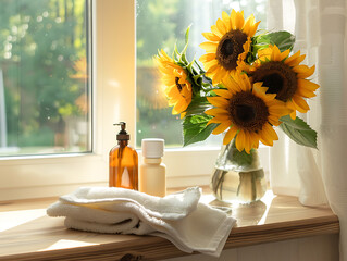 Sunflowers in a vase, towels, and bottles on a windowsill, yellow and white, a bright and cheerful summer spa scene. 
