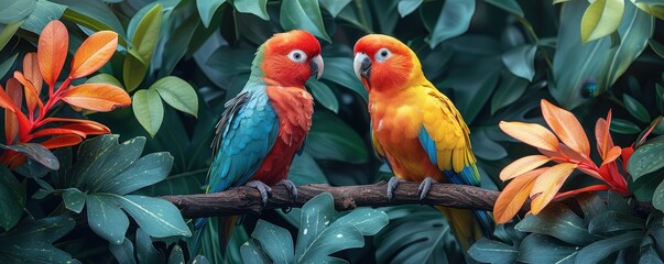 Fototapeta premium Cartoon style colorful birds in a lavish habitat, using hygiene products, high angle shot, cheerful and lively background