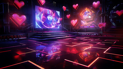 Futuristic neon pink and blue stage with glowing hearts, perfect for a cyberpunk or gaming event. 
