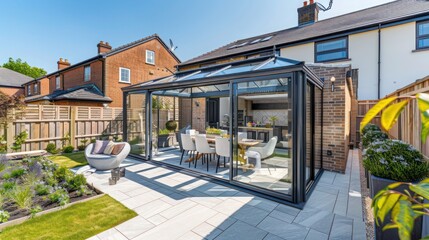 Contemporary suburban home with a glass-enclosed conservatory that serves as a dining room and connects to the garden