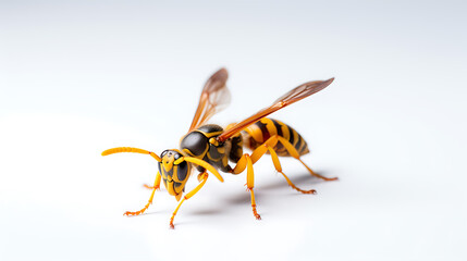 A yellow and black wasp with orange legs on a white background,  a macro photograph of a common insect,  perfect for scientific or educational projects. 
