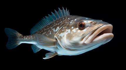 A close-up of a spotted fish with a white mouth and red eye, swimming in dark blue water, conveying a sense of underwater exploration and marine life. 
