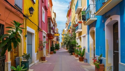 Fototapeta premium Colorful villajoyosa street charming coastal town in valencian community, spain