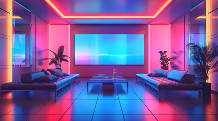 Neon pink and blue light illuminate a modern living room with sleek furniture, perfect for a futuristic or cyberpunk design. 
