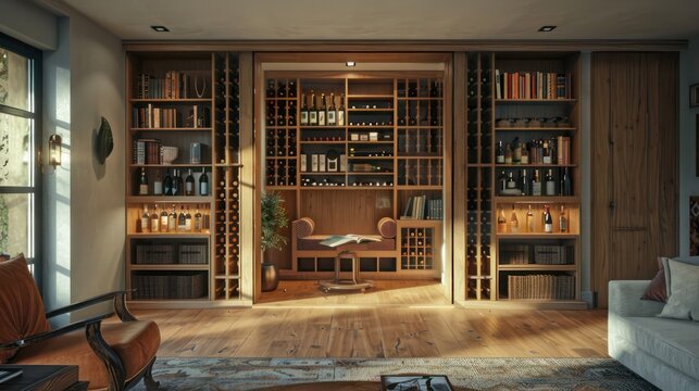 Contemporary suburban home with a hidden room behind a movable bookcase, featuring a cozy reading nook and a wine storage area