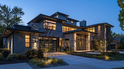 Contemporary suburban home with dynamic exterior lighting that can be customized for events or seasons