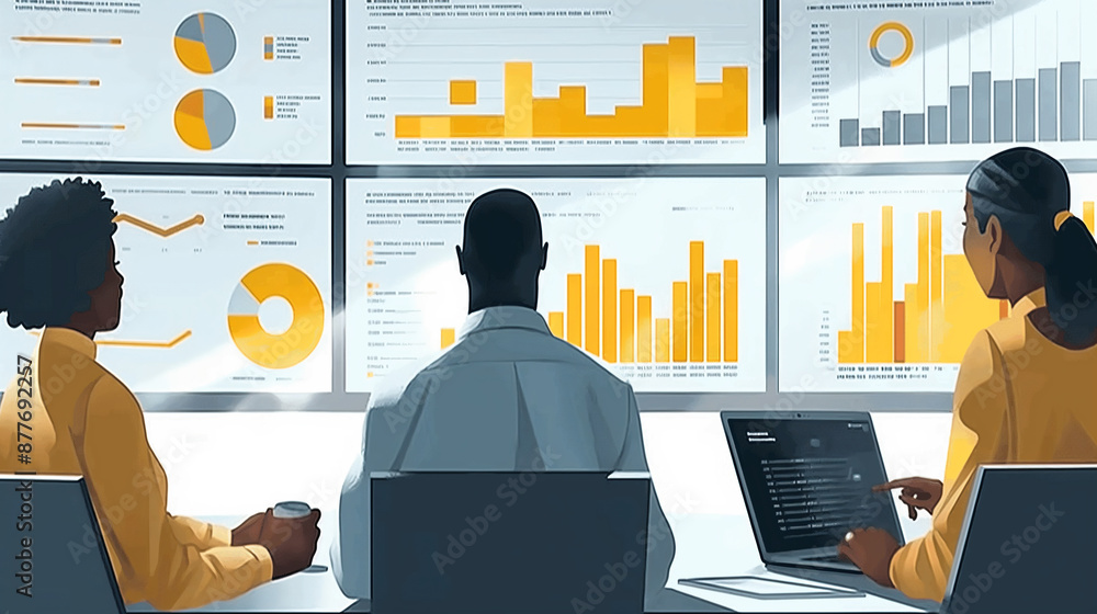 Poster business people analyzing financial data on multiple screens