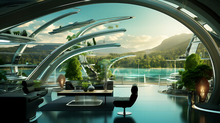 Futuristic living space with green plants and a view of a mountain range, perfect for a modern home design or technology concept. 
