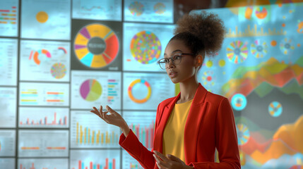 Young professional woman in red blazer presenting business plan using digital screen with infographics