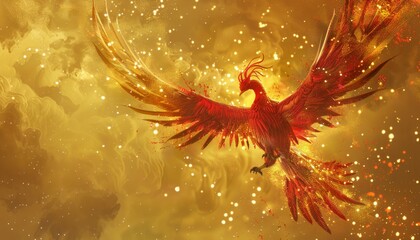 3d phoenix bird illustration with abstract fire and gold feathered wings on red background