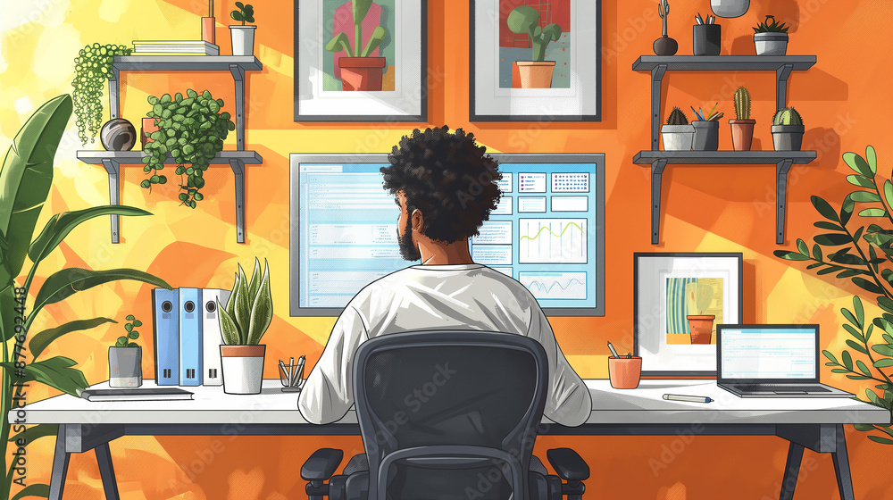 Leinwandbilder programmer working from home office with two monitors and plants