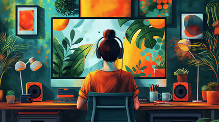 Young woman is working from home in her cozy creative workspace, surrounded by plants