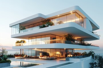 Fototapeta premium Contemporary architectural masterpiece featuring minimalist elements, flowing curves, and a serene ambiance, designed for an exclusive beachfront villa or boutique resort