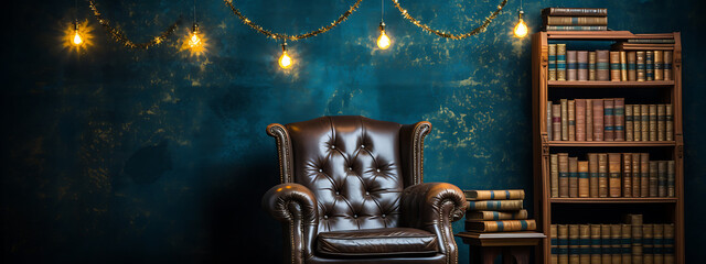 A brown leather armchair and a wooden bookshelf filled with books, against a teal blue wall with warm yellow lights, creates a cozy and inviting atmosphere. 
