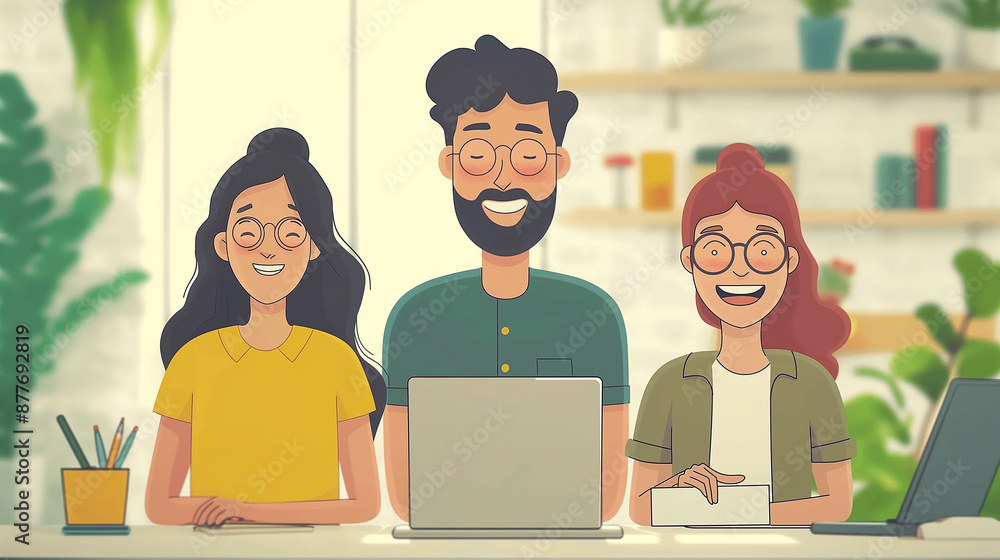 Poster three young professionals smiling while working on laptops in a modern office