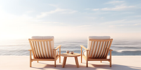 Two wooden chairs with white cushions facing the ocean, a wooden table with two cups, minimalistic style, relaxing and peaceful, perfect for summer vacation. 
