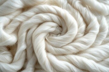 White wool roving, top view on a light background. Soft lighting creates elegant texture and subtle shadows, ideal for fine wool yarns and other fiber crafts