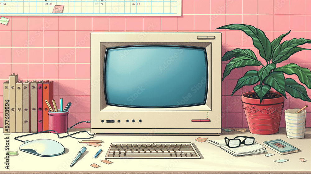 Poster old personal computer sitting on desk in office at work