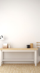 Minimalist white and wood kitchen interior with a wooden table and a white wall, perfect for showcasing your products. 
