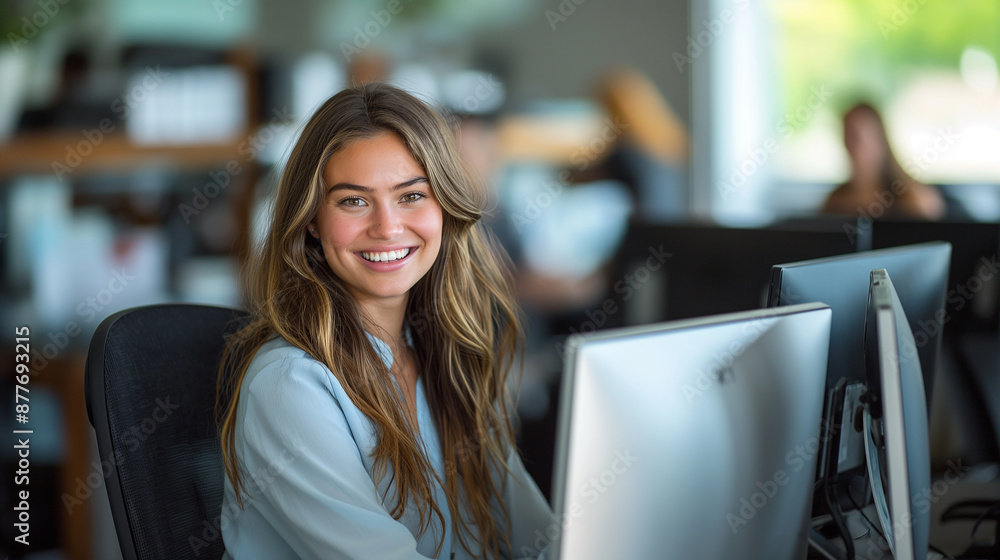 Poster young businesswoman smiling while working at computer in busy office