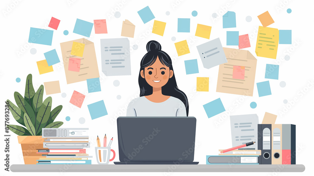 Aufkleber happy manager woman working at her desk surrounded by flying documents and notes, managing her tasks