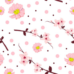 Seamless pattern with cherry branches and pink flowers, color illustration