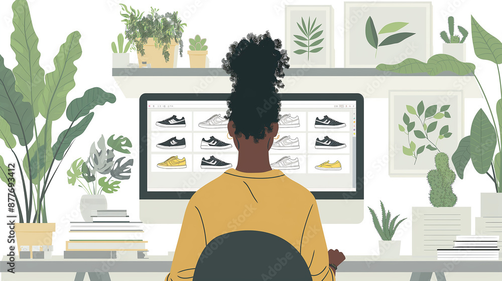 Aufkleber Footwear designer creating new shoe collection using computer in home office
