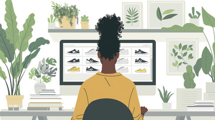 Footwear designer creating new shoe collection using computer in home office