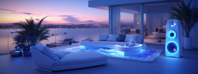 Luxury penthouse rooftop with a glowing pool, white furniture, and a blue speaker, perfect for a summer evening party. 
