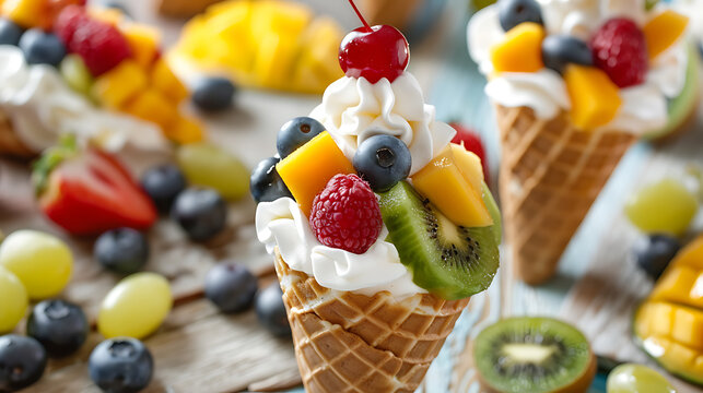 Creamy white yogurt with fresh fruit toppings in a waffle cone, perfect for a summer dessert or snack. 
