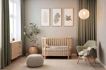 A  baby crib,  a chair, and a plant in a nursery, with  light  wood,  green, and beige tones, creating a calming and serene atmosphere. 