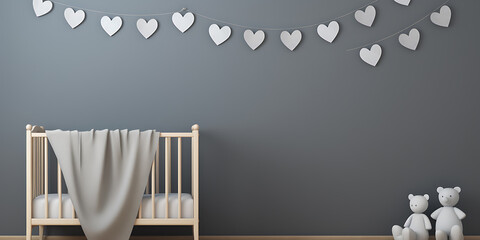 Minimalist nursery decor with  white, grey, and wood tones, perfect for a baby shower or new arrival announcement. 