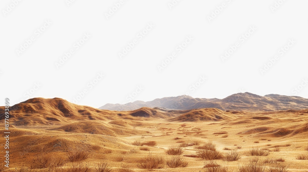 Poster a serene desert scene with mountains visible on the horizon