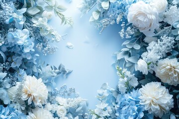 Blue and White Flower Arrangement on a Light Blue Background