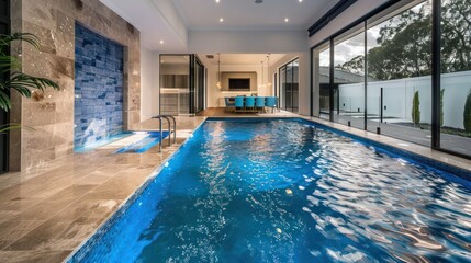 Obraz premium Contemporary suburban home with a seamless indoor-outdoor pool design, allowing the pool to extend from the inside out